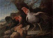 unknow artist Still life of a turkey,a bantan,a barn owl and a grey partridge in a rocky landscape oil on canvas